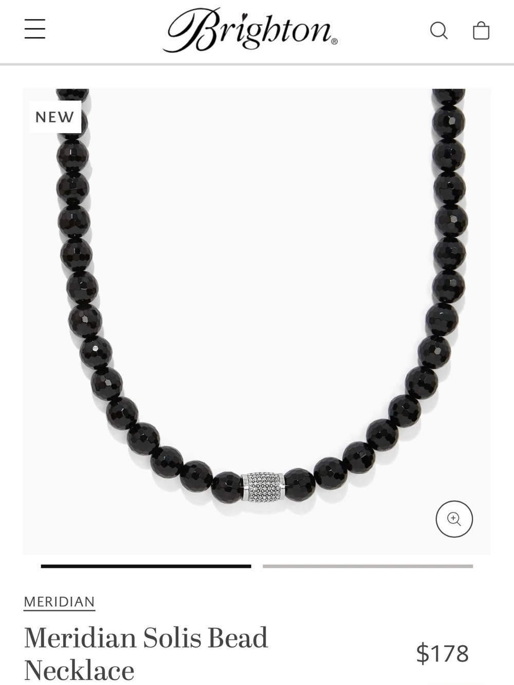 Brighton Shimmery Black Bead Necklace with Sparkling Silver Pavé Barrel